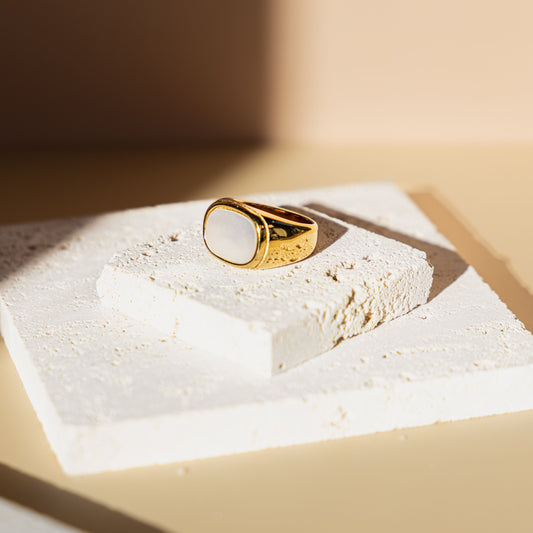 Gold Signet Ring with White Stone