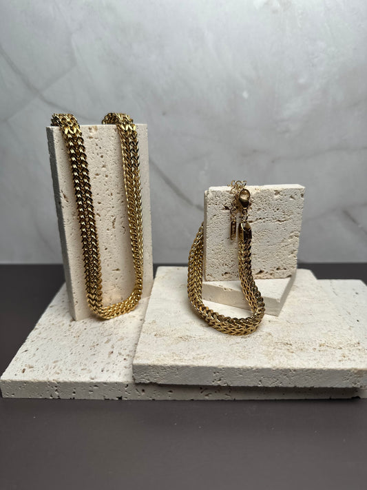 Gold Franco Chain Necklace and Bracelet Set